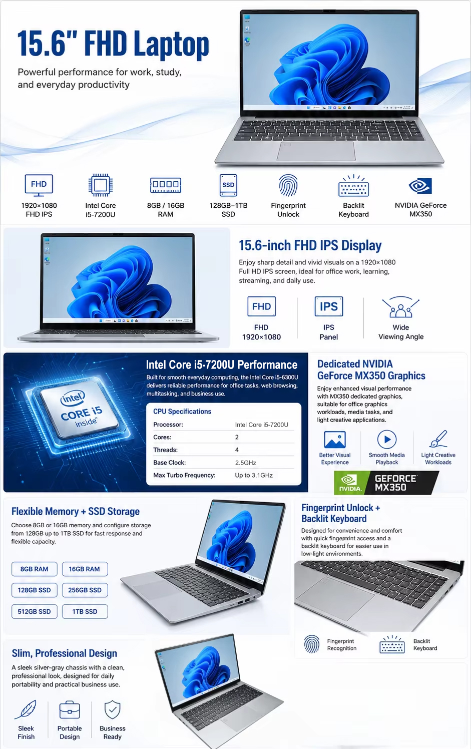 15.6 inch i5-7200U laptop features and specifications