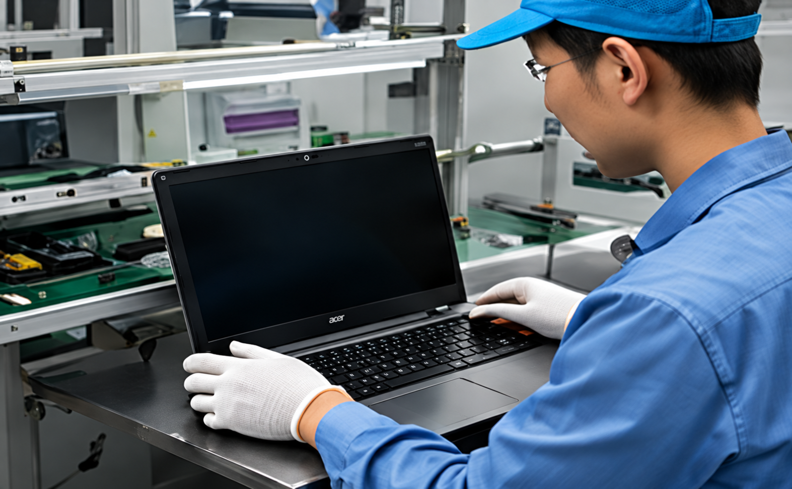 Technician installing and inspecting a laptop display assembly