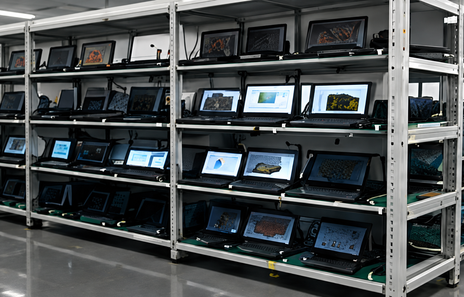 Multiple laptop computers undergoing an aging and stability test