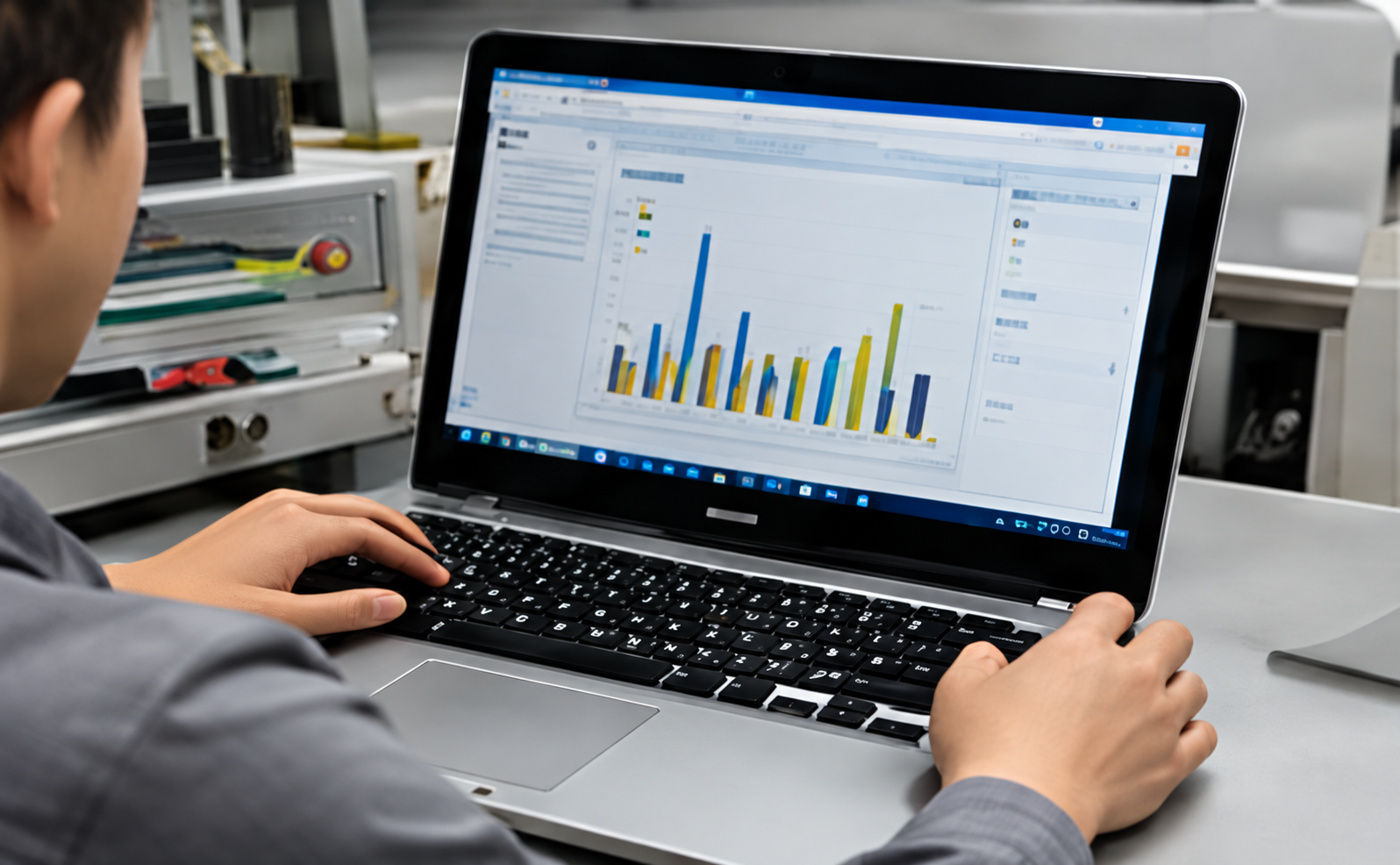 HonLin engineer reviewing laptop project requirements and production data