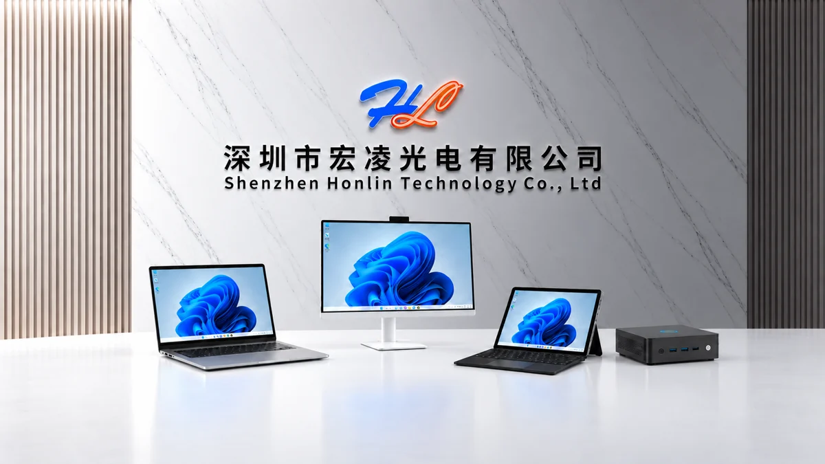 Shenzhen Honlin Technology product showroom with laptop, all-in-one PC and mini PC