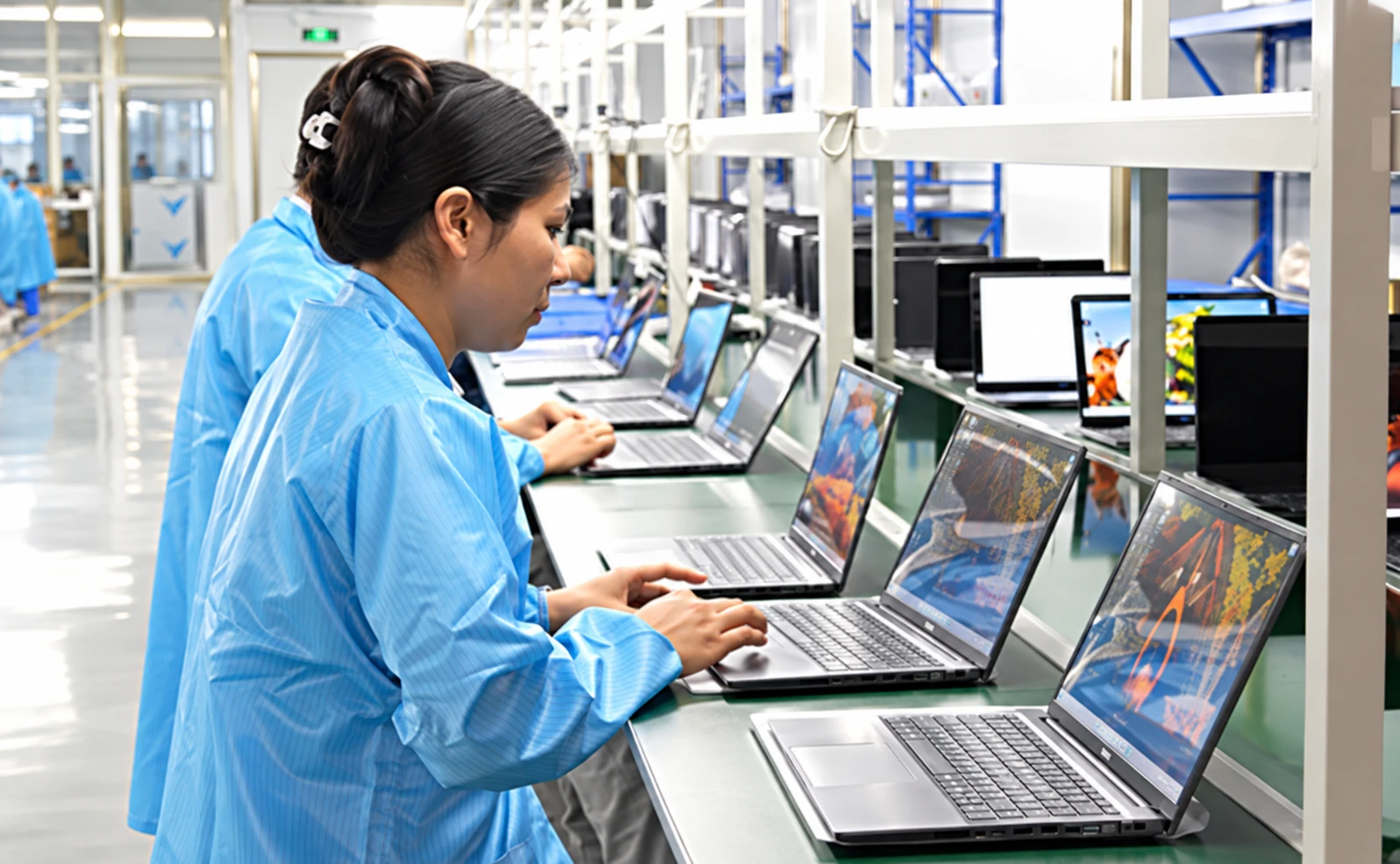 HonLin quality control team inspecting notebook computers on the production line