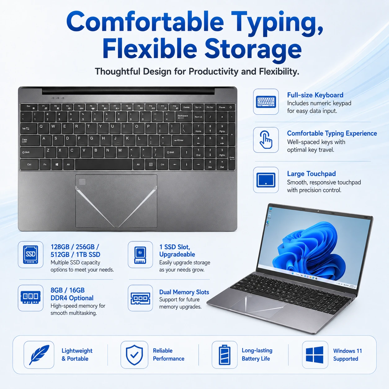 15.6 inch N5095 laptop keyboard and storage features