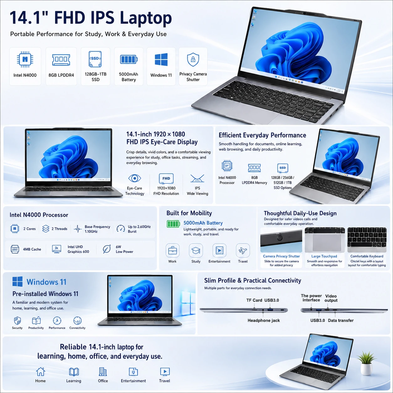 14 inch Intel N4000 laptop features and specifications